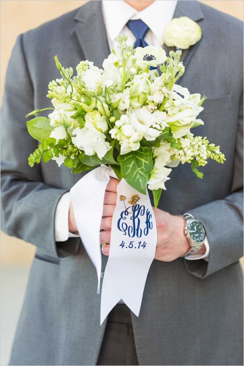 custom monogrammed bouquet ribbon WITH WEDDING DATE 3 wide grosgrain, bridal bouquet, bridesmaid bouquet, bridal shower decor image 4