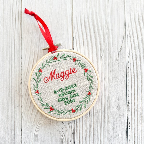 Birth Stats Ornament | Wall Hanging | Embroidered Birth Announcement | Embroidery Hoop Christmas Ornament | Newborn Photo Name Prop | Custom