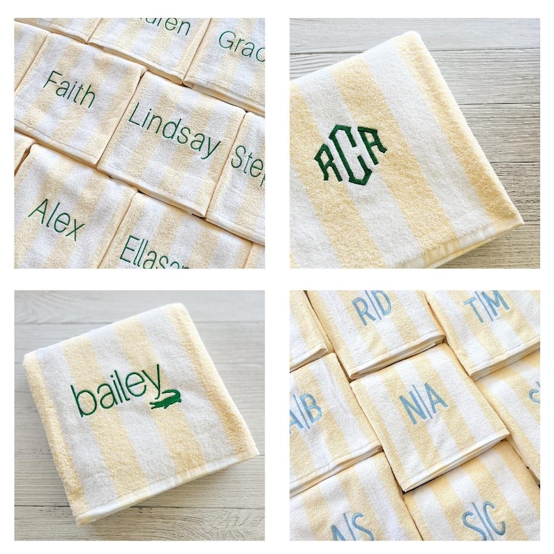 May include: A collection of soft, yellow and white striped towels featuring personalised embroidery. The towels display various names, monograms, and a small alligator graphic stitched in green or blue thread on the textured fabric surface.