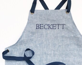 Chambray Children's Apron - Name Embroidered (up to 9 letters), custom embroidery, baking apron, kids in the kitchen