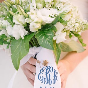 custom monogrammed bouquet ribbon WITH WEDDING DATE (3&quot; wide grosgrain), bridal bouquet, bridesmaid bouquet, bridal shower decor