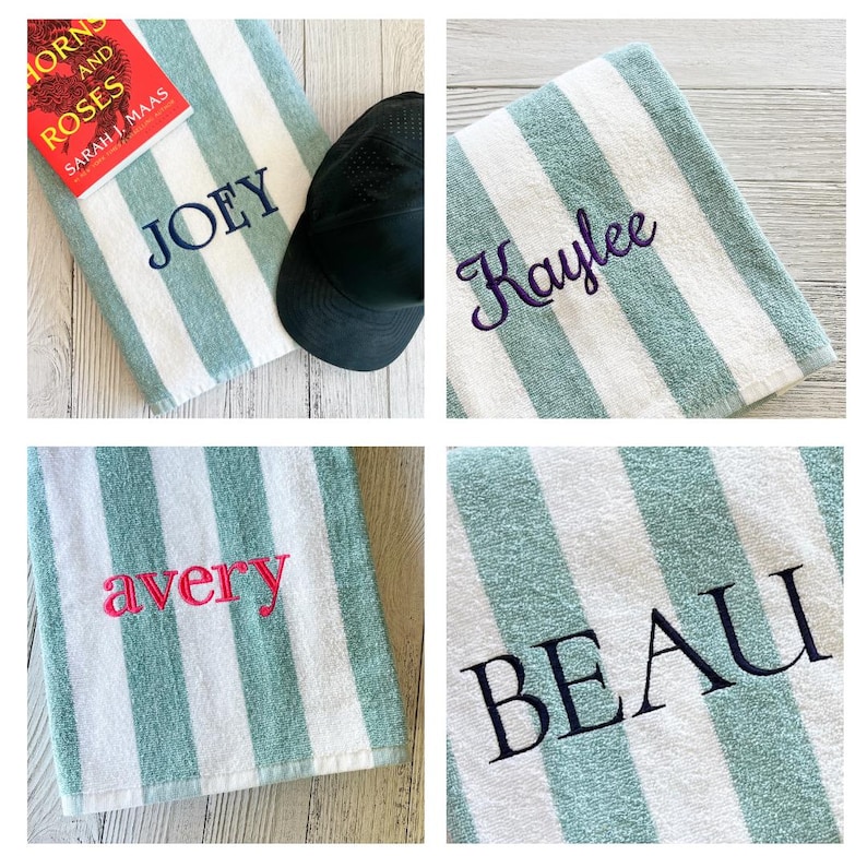 May include: A collection of four soft, plush towels featuring a repeating pattern of vertical sage green and white stripes. Each towel is personalised with embroidered names in various fonts and colours, including JOEY, Kaylee, avery, and BEAU.