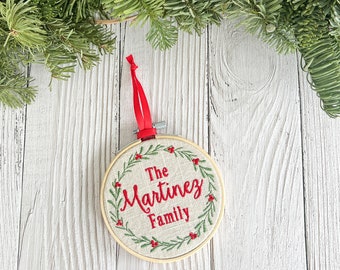 Family Embroidered Ornament / Embroidery Hoop Christmas Ornament / Personalized Christmas ornament / First Married Xmas/ HGTV Featured