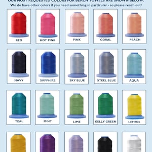 May include: A colour chart titled OATMEAL LACE thread colour options displaying twenty spools of thread in various colours including red, hot pink, pink, coral, peach, navy, sapphire, sky blue, steel blue, aqua, teal, mint, lime, kelly green, lemon, goldenrod, purple, lavender, black, and white.