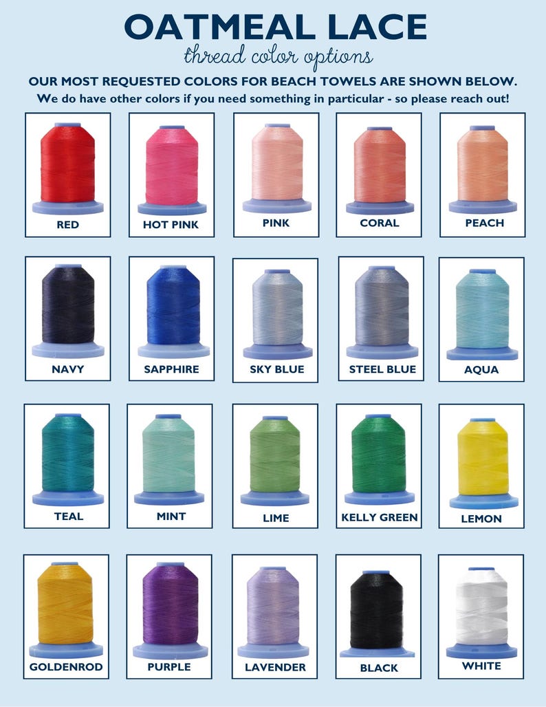 May include: A colour chart titled OATMEAL LACE thread colour options displaying twenty spools of thread in various colours including red, hot pink, pink, coral, peach, navy, sapphire, sky blue, steel blue, aqua, teal, mint, lime, kelly green, lemon, goldenrod, purple, lavender, black, and white.