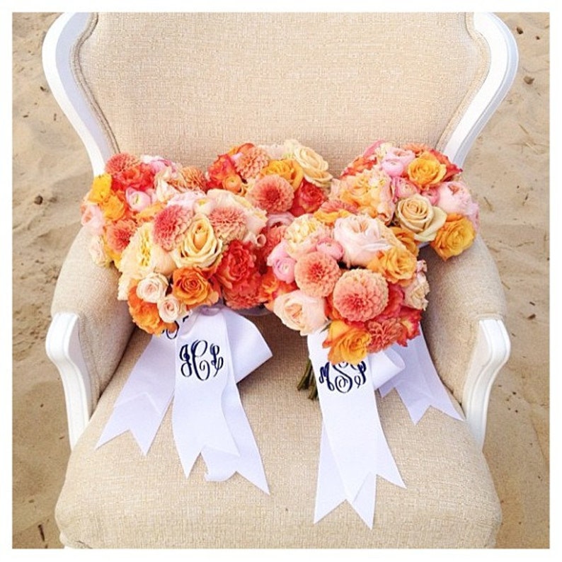 custom monogrammed bouquet ribbon 3 wide grosgrain, bridal bouquet, bridesmaid bouquet image 6