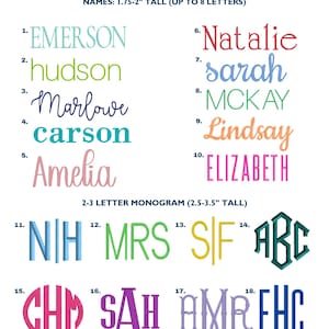 May include: A chart displaying embroidery font options labelled OATMEAL LACE. It lists names 4.45-5.08 cm tall and 2-3 letter monograms 6.35-8.89 cm tall. Examples include EMERSON, hudson, Marlowe, carson, Amelia, Natalie, sarah, MCKAY, Lindsay, ELIZABETH.