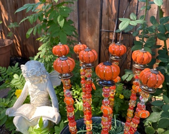 Pumpkin Plant Stick: Beaded Fall Decor, 14" Garden Art