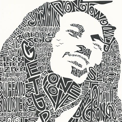 Bob Marley Art Portrait Calligram Words And Lyrics Print In Etsy