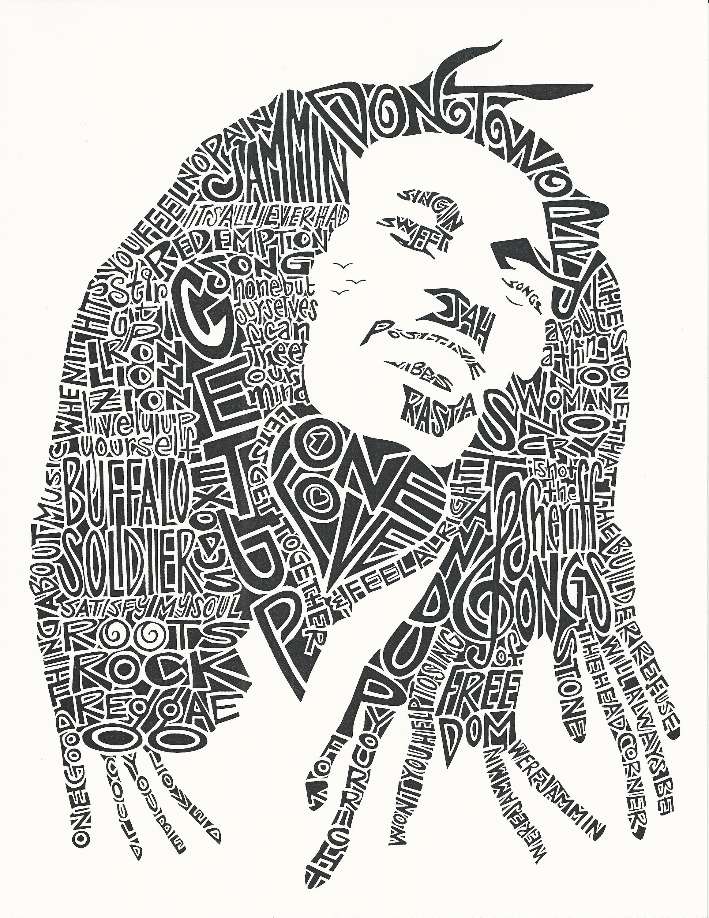 Bob Marley Art Portrait Calligram Words And Lyrics Print In Etsy