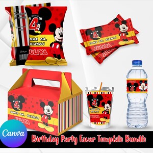ミッキーマウスの誕生日、ミッキーマウスのパーティーの記念品、チップバッグのテンプレート、ウォーターボトルのラベル、ゲーブルボックスのテンプレート、Canvaで編集可能