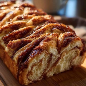 May include: A loaf of freshly baked cinnamon swirl bread, with a golden-brown crust and layers of cinnamon filling. The bread sits on a wooden cutting board, with a soft, inviting texture. The bread is approximately 8 inches long.