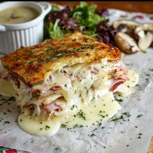 May include: A close-up of a Croque Monsieur sandwich with melted cheese, ham, and bread. The sandwich is served with a side of soup, mushrooms, and salad. The sandwich is topped with chopped parsley.