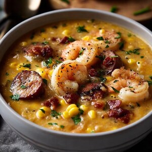 May include: A close-up shot of a bowl filled with creamy corn chowder. The soup contains shrimp, sausage, and bacon, garnished with fresh parsley. The ingredients are visible in the thick, yellow broth, creating a hearty and appetizing meal.