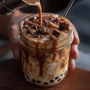 May include: A close-up of a layered beverage in a clear glass jar. The drink features a creamy base with dark boba pearls, topped with ice, caramel drizzle, and chocolate chunks. A stream of liquid is being poured into the jar.