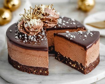 Op de afbeelding: Een gelaagde chocoladetaart met een uitgesneden stuk, dat een rijk, veelzijdig interieur onthult. De taart heeft een donkere chocoladeganache topping, chocolademousselagen en een nootachtige basis. Het is versierd met chocolade glazuur en gouden accenten.