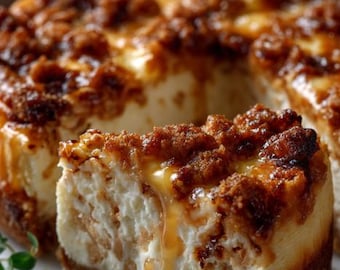 May include: A close-up of a cheesecake with a slice cut out. The cheesecake has a golden-brown, crumbly topping and a creamy white filling. Caramel sauce drips down the side of the slice. The crust is a light brown color.