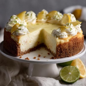 Creamy Lemon Cheesecake Recipe – Baked Cheesecake with Graham Cracker Crust, Whipped Cream Topping & Lemon Garnish – Digital Download PDF