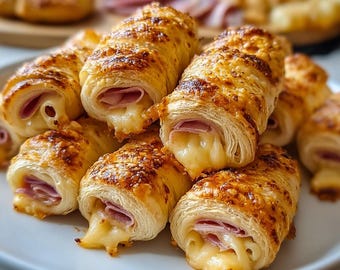 May include: A plate of golden-brown, baked pastries filled with ham and melted cheese. The flaky, layered pastry is baked to a crispy texture, with the cheese oozing out. The ham is visible inside the rolls, creating a savory appetizer.