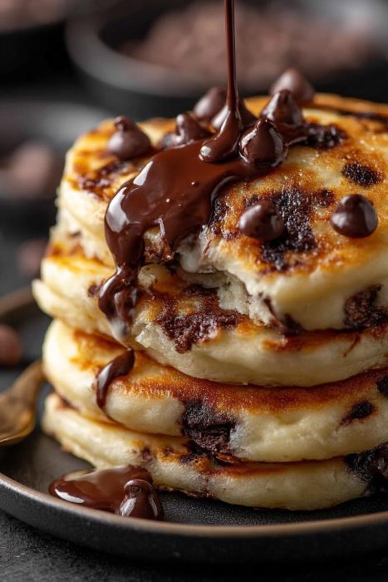 May include: A stack of golden-brown pancakes with chocolate chips, drizzled with rich, dark chocolate sauce. The pancakes are on a black plate, creating a delicious and tempting breakfast or dessert image.