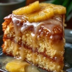 Pode incluir: Uma fatia de bolo invertido de abacaxi num prato azul. O bolo tem uma migalha castanha dourada, uma camada de abacaxi caramelizado e é coberto com fatias de abacaxi glaceadas. Uma cobertura branca escorre pela lateral, com alguns pedaços de abacaxi no prato.