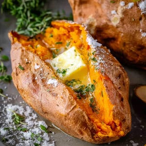 May include: A baked sweet potato, split open and filled with a pat of melting butter and sprinkled with herbs and salt. The orange flesh contrasts with the brown skin and the yellow butter.