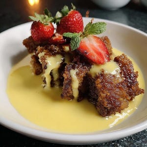 May include: A dessert dish featuring a bread pudding base, topped with fresh strawberries and mint leaves. The pudding is covered in a creamy yellow sauce, all presented in a white bowl. The dish is a visually appealing combination of textures and colors.