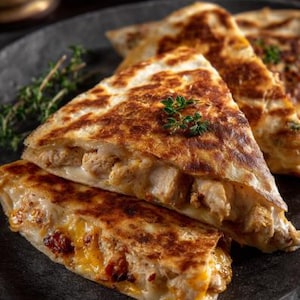 Puede incluir: Primer plano de varios triángulos de quesadilla dorados sobre un plato gris oscuro. Las quesadillas están rellenas de pollo y queso, con una guarnición de hierbas frescas. Una comida sabrosa.