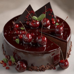 Può includere: Una torta al cioccolato rotonda con una glassa rosso scuro lucida. Decorata con ciliegie fresche, ribes rossi, foglie di menta e triangoli di cioccolato fondente. Una fetta tagliata rivela gli strati della torta.