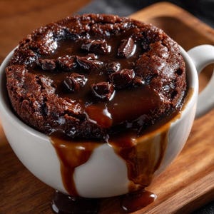 Può includere: Una torta al cioccolato fondente in una tazza bianca, con salsa lucida e pezzi di cioccolato. La torta trabocca sulla tazza, presentata su un vassoio di legno. Un dessert decadente.