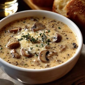 Könnte beinhalten: Eine weiße Schüssel mit cremiger Champignonsuppe, garniert mit frischen Kräutern. Geschnittene Pilze sind in der gesamten Suppe sichtbar, mit einer Prise Käse. Scheiben gerösteten Brotes befinden sich im Hintergrund.