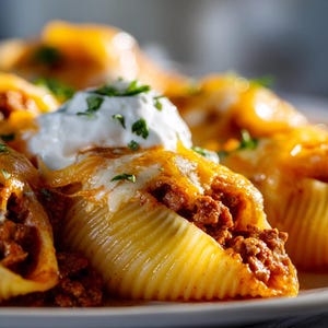 May include: Close-up of stuffed pasta shells. The shells are filled with a savoury meat mixture, topped with melted cheese, a dollop of soured cream, and garnished with fresh parsley. The dish is presented on a white plate.