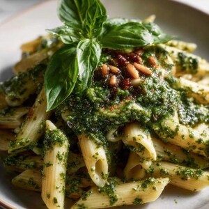 Puede incluir: Primer plano de pasta penne cubierta con salsa pesto verde vibrante, adornada con hojas frescas de albahaca y piñones. La pasta se sirve en un plato de color claro, creando un plato visualmente atractivo y apetitoso.