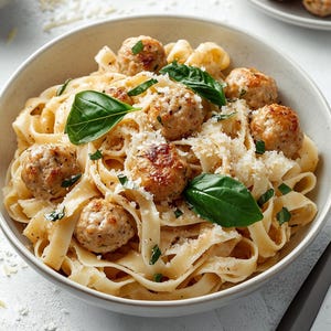 MELHOR RECEITA DE Fettuccine Cremoso com Almôndegas de Frango | Download Instantâneo