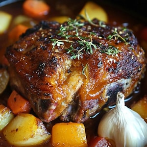 Könnte beinhalten: Nahaufnahme eines gebratenen Fleischgerichts mit Gemüse. Das Fleisch hat eine goldbraune Farbe und ist mit frischen Kräutern garniert. Um das Fleisch herum befinden sich Karottenstücke, Kartoffeln und eine ganze Knoblauchknolle, alles in einer reichhaltigen Soße.