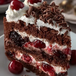 Może przedstawiać: Kawałek tortu szwarcwaldzkiego na białym talerzu. Ciasto składa się z warstw czekoladowego biszkoptu, bitej śmietany i wiśni. Wiórki czekoladowe wieńczą ciasto, a na wierzchu umieszczono całe wiśnie. Ciasto ma ciemnobrązowy kolor.