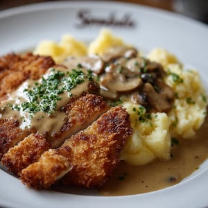 Op de afbeelding: Een bord met gepaneerde en gesneden kipschnitzels, aardappelpuree en champignonjus. De kip is goudbruin, de aardappelen zijn geel en de jus is lichtbruin. Verse groene kruiden garneren het gerecht.