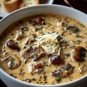 Può includere: Una zuppa cremosa di funghi in una ciotola bianca, guarnita con formaggio grattugiato ed erbe fresche. La zuppa presenta grossi pezzi di funghi saltati in un brodo cremoso marrone chiaro. Fette di pane tostato sono visibili sullo sfondo.