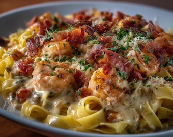 EASY RECIPE For Creamy Shrimp & Bacon Fettuccine (Printable PDF)