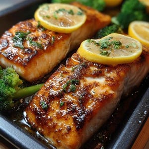 Op de afbeelding: Close-up van gekookte zalmfilets met citroenplakjes en gehakte kruiden. De zalm heeft een geglazuurd, goudbruin oppervlak en wordt omringd door groene broccoliroosjes. Het gerecht wordt gepresenteerd in een zwarte bakvorm.