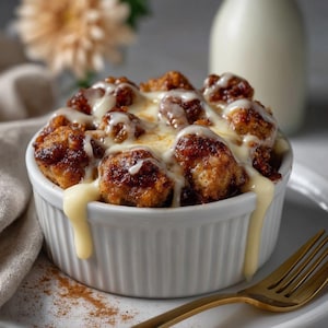 Könnte beinhalten: Nahaufnahme eines weißen Auflaufförmchens mit Brotpudding, überzogen mit einer cremigen Glasur. Der Brotpudding ist goldbraun mit einer Zimtschnecke. Eine goldene Gabel und eine Milchflasche sind im Hintergrund.
