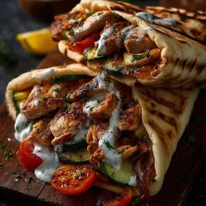 Peut inclure: Deux wraps de poulet shawarma empilés sur une planche en bois. Les wraps sont garnis de poulet grillé, de tomates, de courgettes et d'oignons rouges, arrosés d'une sauce blanche crémeuse. Des citrons coupés en deux et un petit bol de sauce sont en arrière-plan.