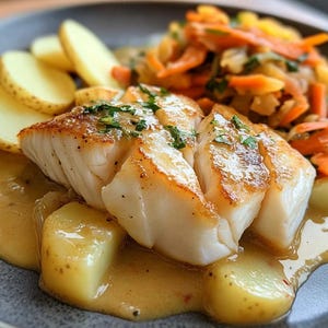 Può includere: Un piatto di pesce scottato con una crosta dorata, servito con patate arrosto e un contorno di carote e cipolle saltate. Il pesce è condito con una salsa leggera e guarnito con erbe fresche. Il piatto è di colore grigio.