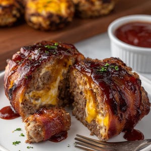 Puede incluir: Un pastel de carne cortado, envuelto en tocino, relleno de queso y cubierto con una salsa brillante. Se sirve en un plato blanco con una salsa y un tenedor. Se ven más pasteles de carne en el fondo.