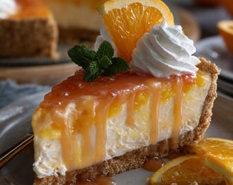 May include: A slice of orange cheesecake on a gray plate. The dessert features a graham cracker crust, creamy filling, and orange glaze, topped with whipped cream, an orange slice, and mint leaves. The cake is part of a larger pie.