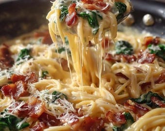 EINFACHES REZEPT für cremige Knoblauch-Parmesan-Nudeln mit Bacon & Spinat (PDF-Download