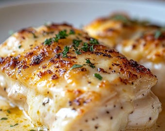 Könnte beinhalten: Nahaufnahme von zwei gekochten Hähnchenbrüsten auf einem weißen Teller. Das Hähnchen hat eine goldbraune, leicht verkohlte Oberseite und ist mit einer cremigen Sauce bedeckt. Garniert mit gehackten grünen Kräutern, liegt das Gericht in einer Sauce.