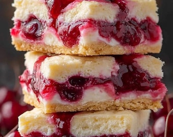 Ricetta PDF per barrette di crema di formaggio e ciliegie – Dessert a strati facile – Quadretti cremosi alle ciliegie – Dessert in stile pasticceria