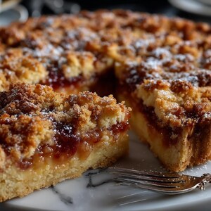 Könnte beinhalten: Ein goldbrauner Kuchen mit Streuseln und einer Fruchtfüllung, mit einem herausgeschnittenen Stück. Der Kuchen liegt auf einer weißen Marmoroberfläche, mit einer silbernen Gabel in der Nähe. Der Nachtisch ist mit Puderzucker bestäubt.
