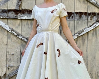 1950s Anne Fogarty Cotton Feather Print Dress, XS/S